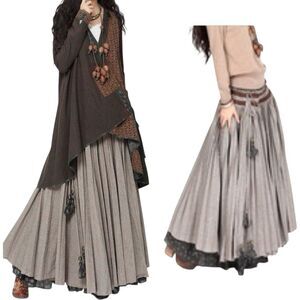 Artka Gray Layered Full Maxi Skirt Medium Drawstring Ties Lagenlook Art To Wear